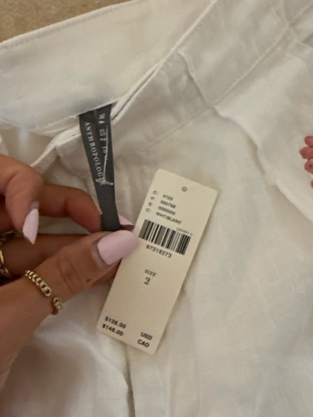 Anthropologie White Linen Bermuda Shorts with Pink Floral Embroidery - Picture 2 of 3